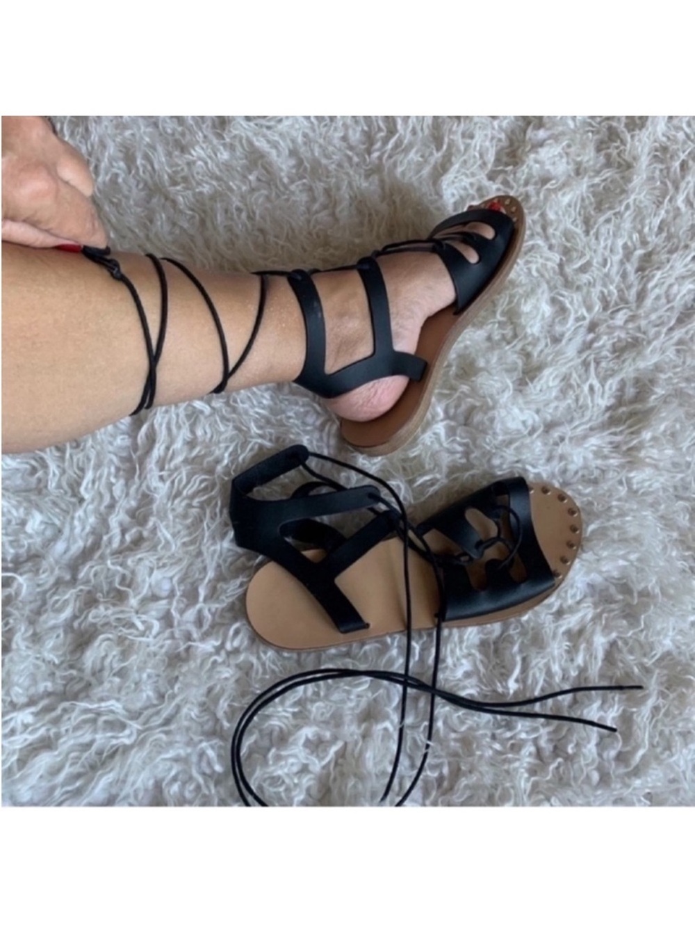 Women’s Gladiator Lace up Leather Flat Sandals Sz 7.5 EU 38 Black Made it Italy